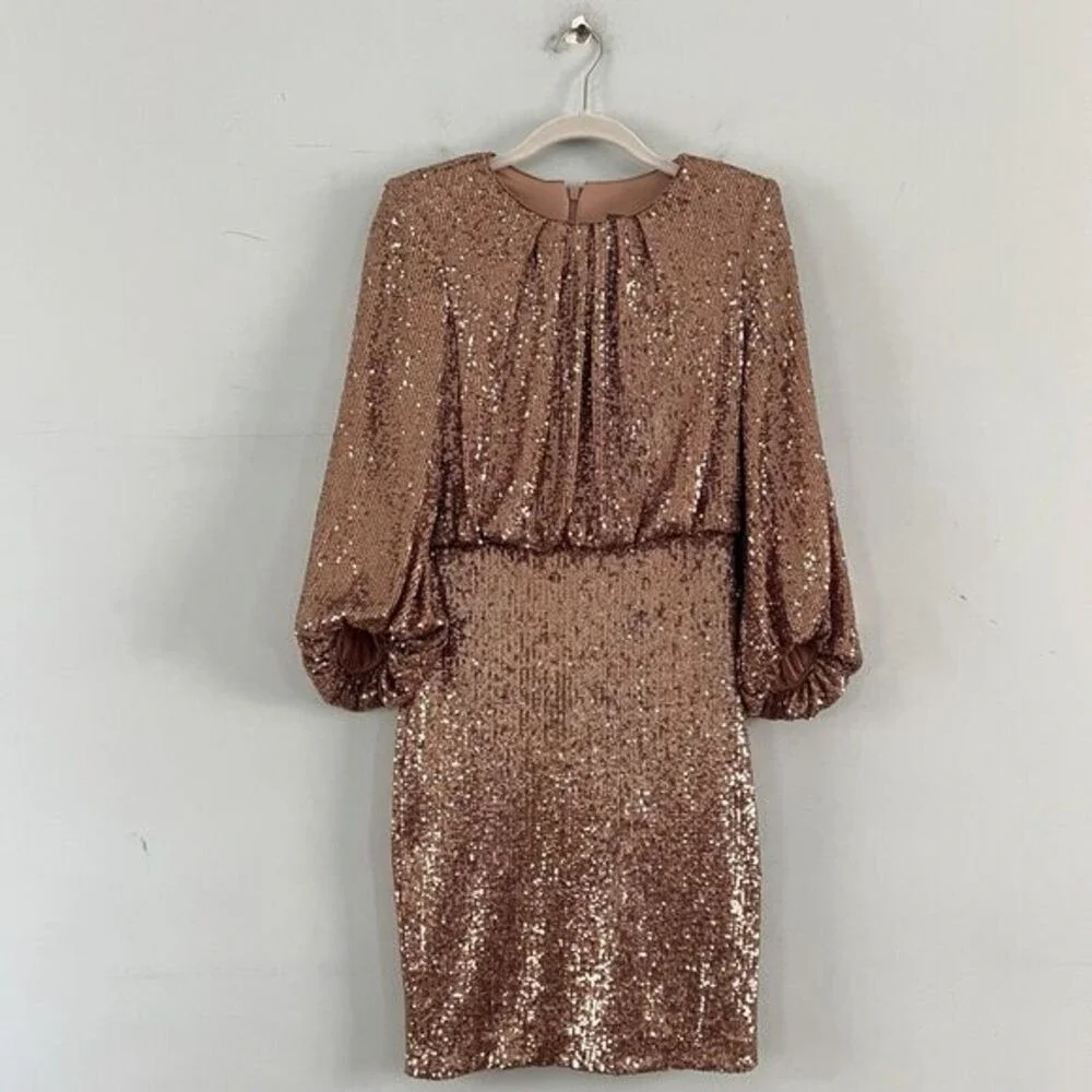 NWT‎ Vince Camuto Jewel Neck 3/4 Length Ballon Sleeve Gold Copper Sequin Dress